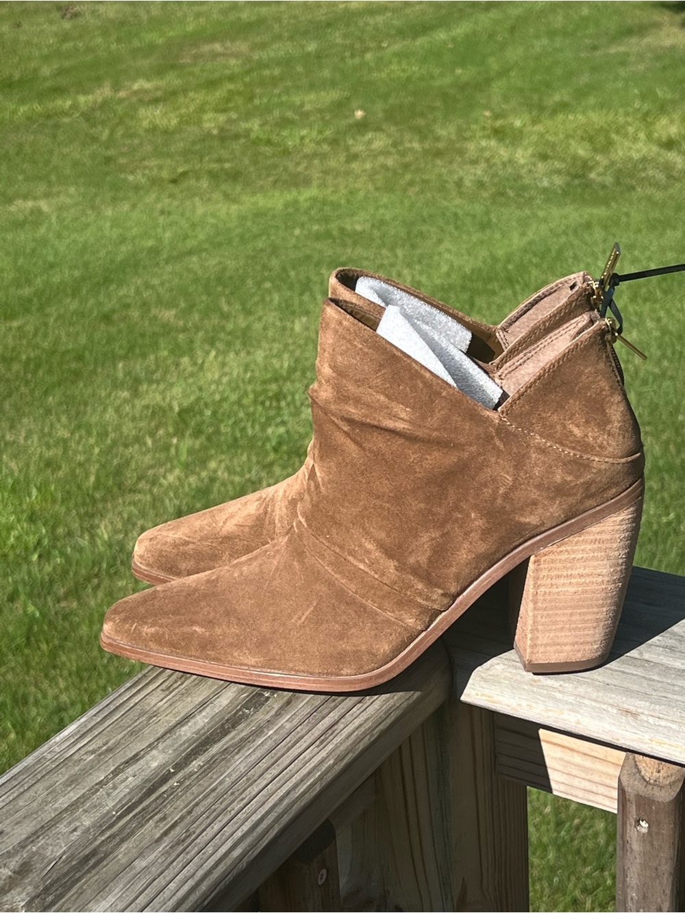 Vince Tan Suede Pointed Toe Block Heel Ankle Boots
